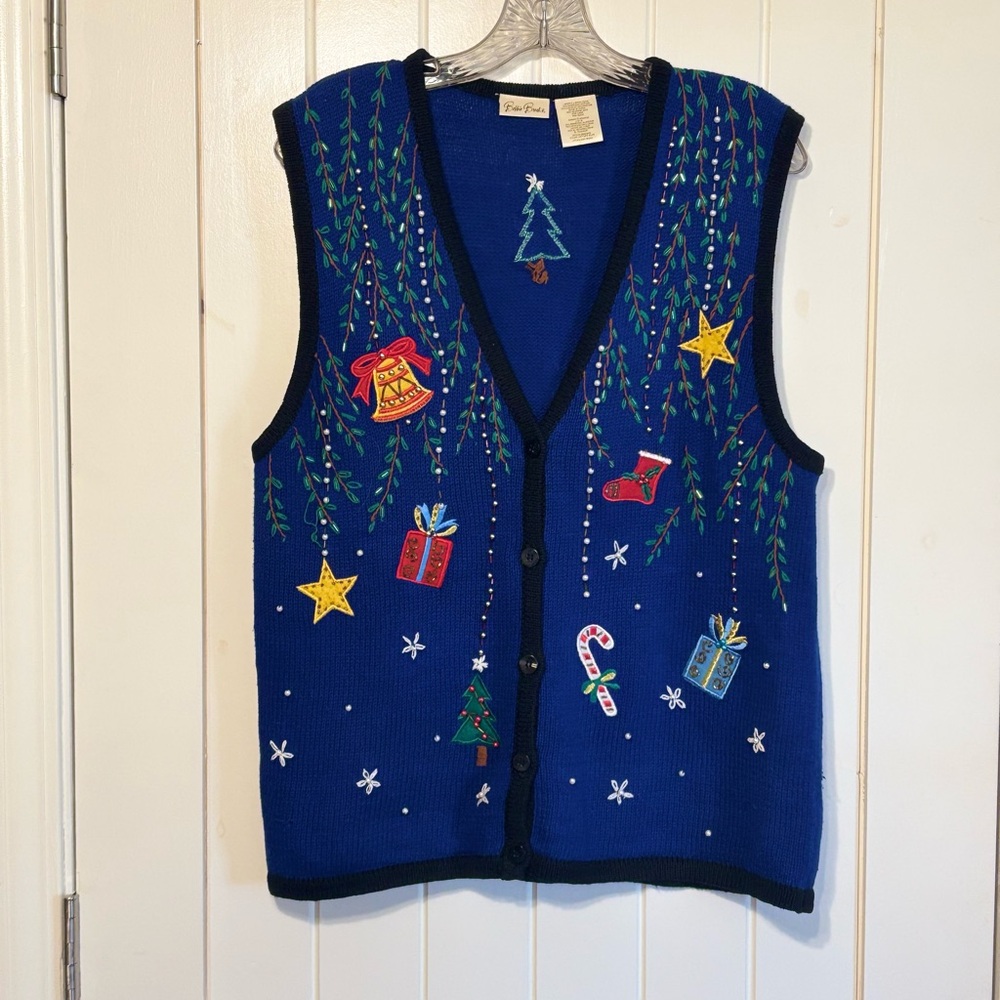 Bobbie Brooks Blue V Neck Button Front Christmas Holiday Sweater Vest LARGE - Picture 2 of 11